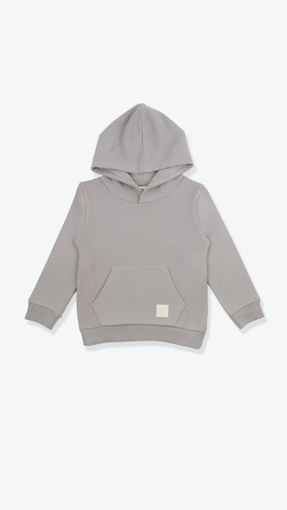 Organic french terry kids hoodie in pebble grey – front view