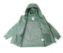 Kids olive waterproof hard-shell rain jacket – front view