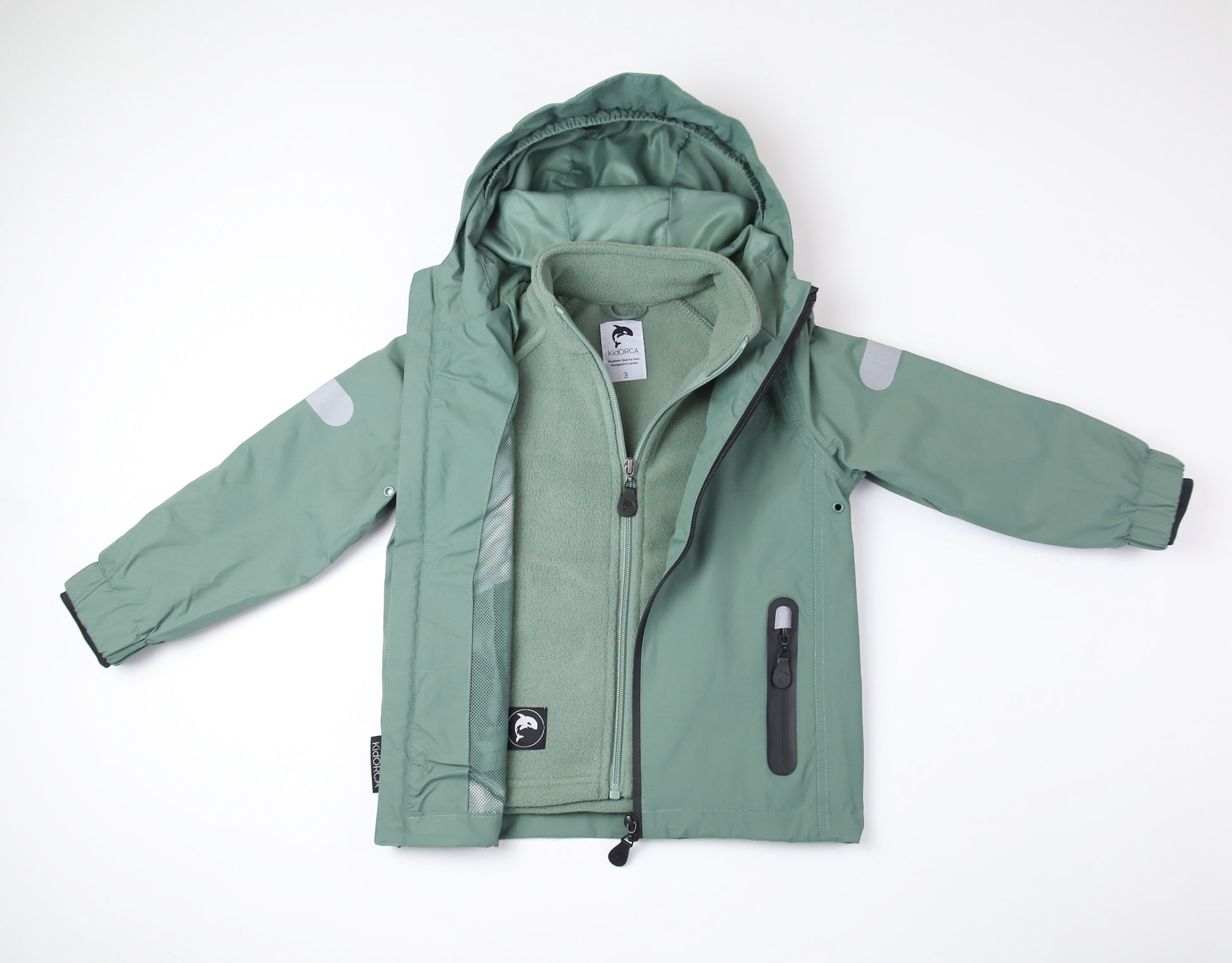 Kids olive waterproof hard-shell rain jacket – front view