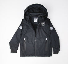 Kids black insulated waterproof rain jacket – front view